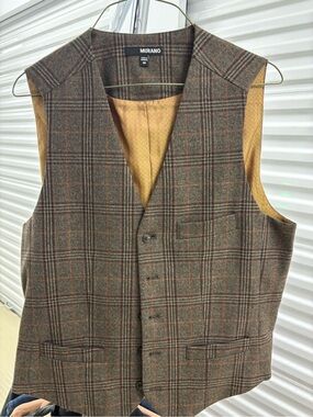 Murano Brown Plaid Wool Vest with Gold Lining